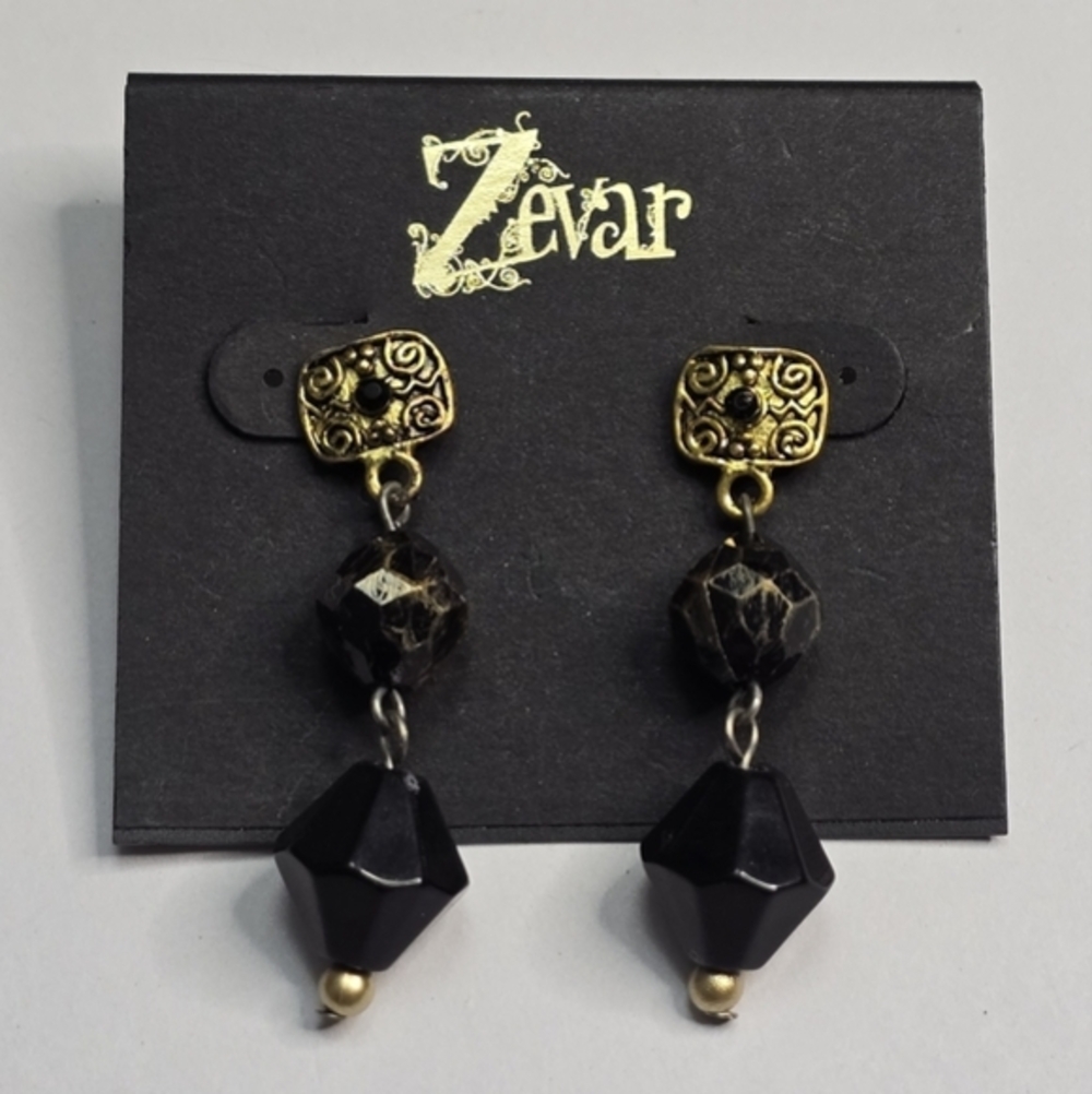 Treska Zevar Black Gold Filigree Faceted Bead Drop Earrings Bohemian Statement